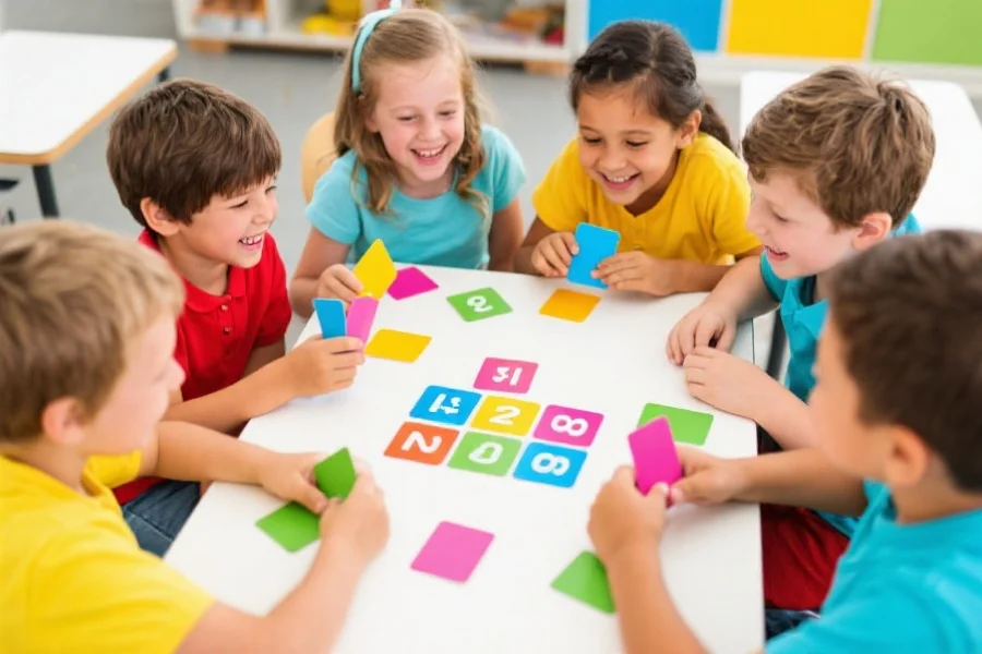 一组孩子围坐在桌前，用色彩鲜明的数字卡片进行概率游戏，充满欢笑与互动