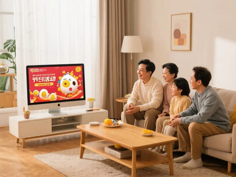 温馨家庭客厅内，一家人围坐在茶几旁，轻松交流，电脑屏幕上显示PC蛋蛋平台节日活动页面，环境明亮温馨