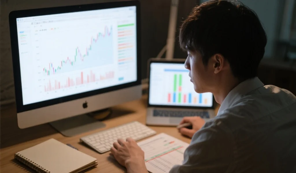 一位年轻人正专注分析电脑屏幕上的走势图，身边有笔记本和数据表